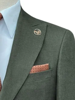 Romaster Mens Green Slim Fit Linen Blend Blazer Sportcoat With Patch Pockets
