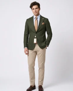 Romaster Mens Green Slim Fit Linen Blend Blazer Sportcoat With Patch Pockets