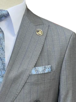 Romaster Mens Grey & Blue Pinstriped Double Breasted Stretch Wool Suit