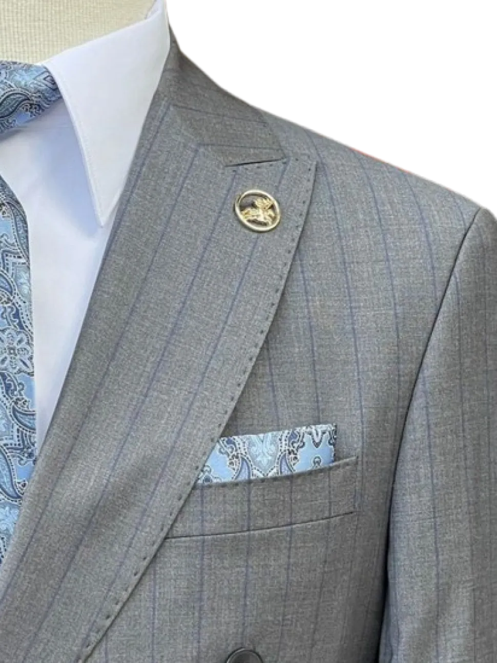 Romaster Mens Grey & Blue Pinstriped Double Breasted Stretch Wool Suit