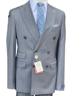 Romaster Mens Grey & Blue Pinstriped Double Breasted Stretch Wool Suit