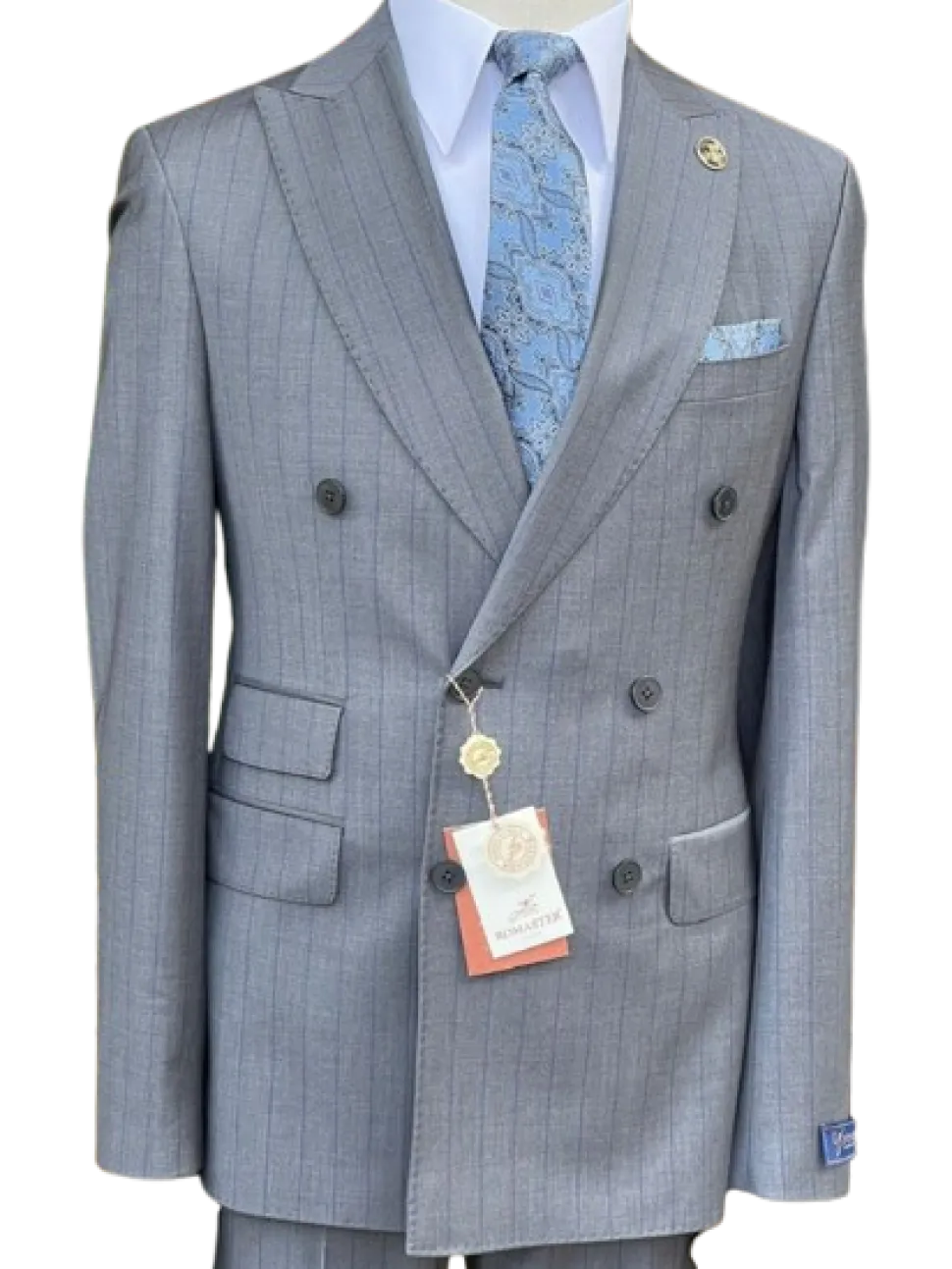 Romaster Mens Grey & Blue Pinstriped Double Breasted Stretch Wool Suit