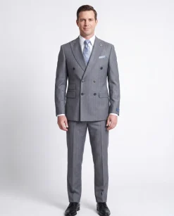 Romaster Mens Grey & Blue Pinstriped Double Breasted Stretch Wool Suit