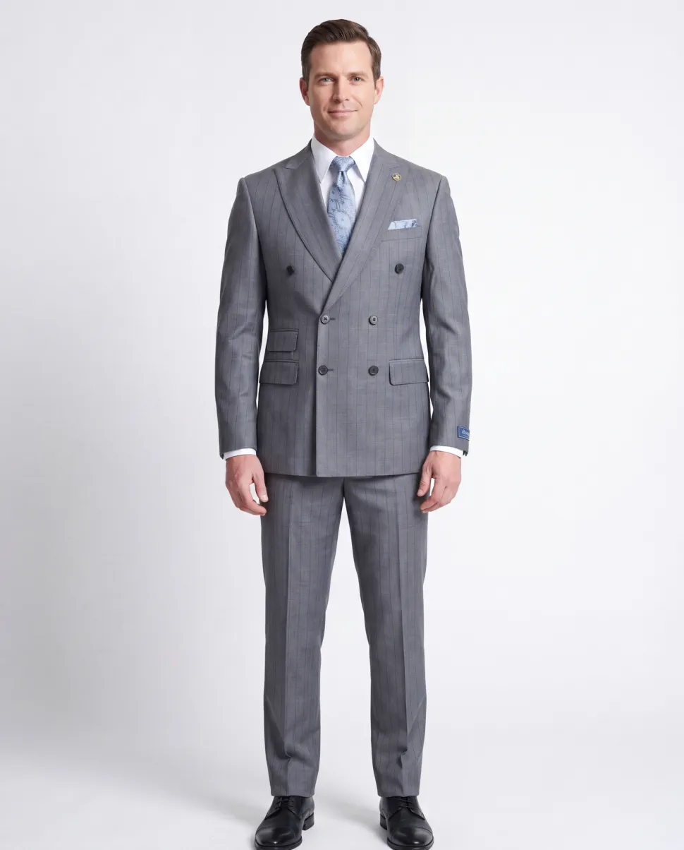 Romaster Mens Grey & Blue Pinstriped Double Breasted Stretch Wool Suit