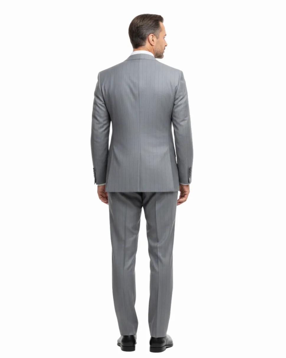 Romaster Mens Grey & Blue Pinstriped Double Breasted Stretch Wool Suit