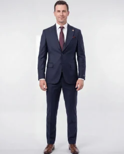 Romaster Mens Navy Pinstriped Slim Fit Peak Lapels Stretch Wool Suit