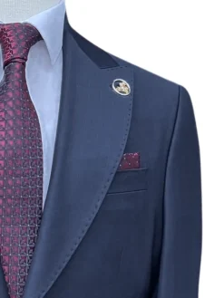 Romaster Mens Navy Pinstriped Slim Fit Peak Lapels Stretch Wool Suit