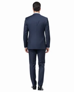 Romaster Mens Navy Pinstriped Slim Fit Peak Lapels Stretch Wool Suit