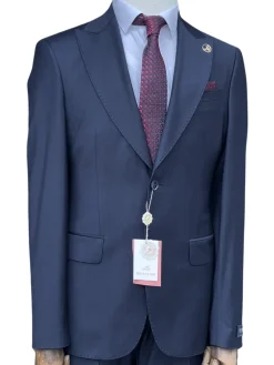 Romaster Mens Navy Pinstriped Slim Fit Peak Lapels Stretch Wool Suit