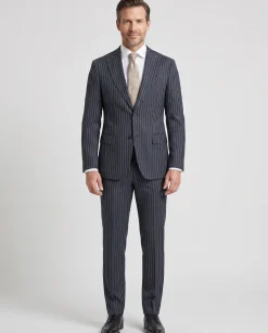 Romaster Men’s Navy Pinstripe Slim Fit Peak Lapels Stretch Wool Blend Suit