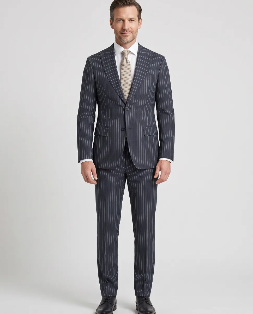 Romaster Men’s Navy Pinstripe Slim Fit Peak Lapels Stretch Wool Blend Suit