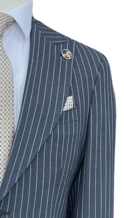 Romaster Men’s Navy Pinstripe Slim Fit Peak Lapels Stretch Wool Blend Suit