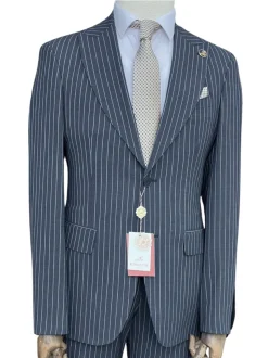 Romaster Men’s Navy Pinstripe Slim Fit Peak Lapels Stretch Wool Blend Suit