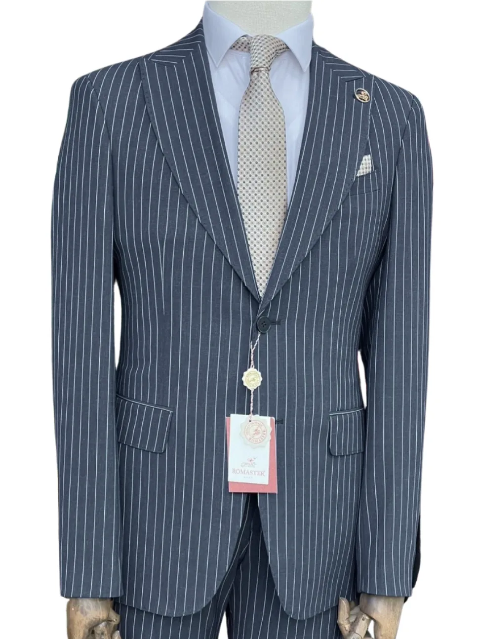 Romaster Men’s Navy Pinstripe Slim Fit Peak Lapels Stretch Wool Blend Suit