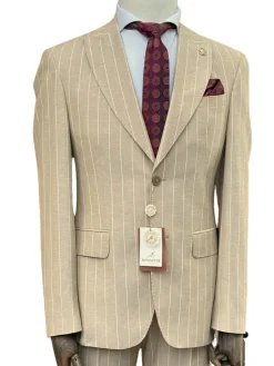 Romaster Mens Slim Fit Beige Pinstriped Linen Blend 2 Piece Suit