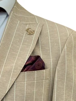 Romaster Mens Slim Fit Beige Pinstriped Linen Blend 2 Piece Suit