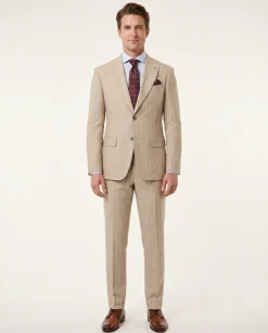 Romaster Mens Slim Fit Beige Pinstriped Linen Blend 2 Piece Suit