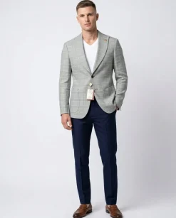 Romaster Mens Slim Fit Gray Plaid Linen Blend Blazer Sportcoat With Peak Lapels