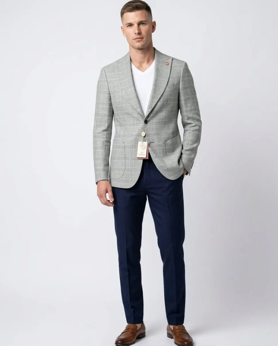Romaster Mens Slim Fit Gray Plaid Linen Blend Blazer Sportcoat With Peak Lapels