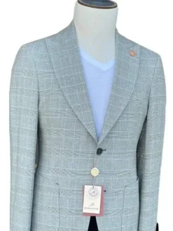 Romaster Mens Slim Fit Gray Plaid Linen Blend Blazer Sportcoat With Peak Lapels
