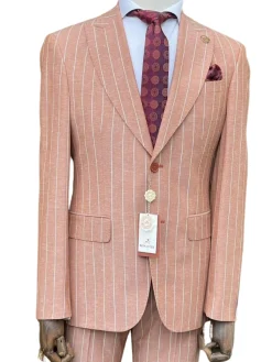Romaster Mens Slim Fit Rust Pinstriped Linen Blend 2 Piece Suit