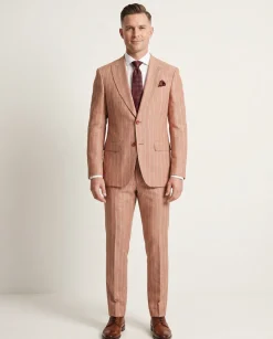 Romaster Mens Slim Fit Rust Pinstriped Linen Blend 2 Piece Suit
