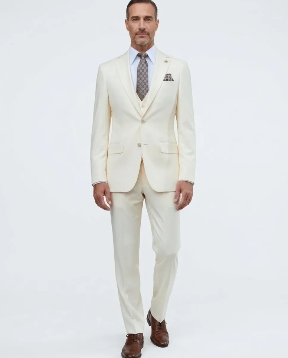 Romaster Mens Solid Cream Slim Fit Stretch Wool Blend 3 Piece Suit