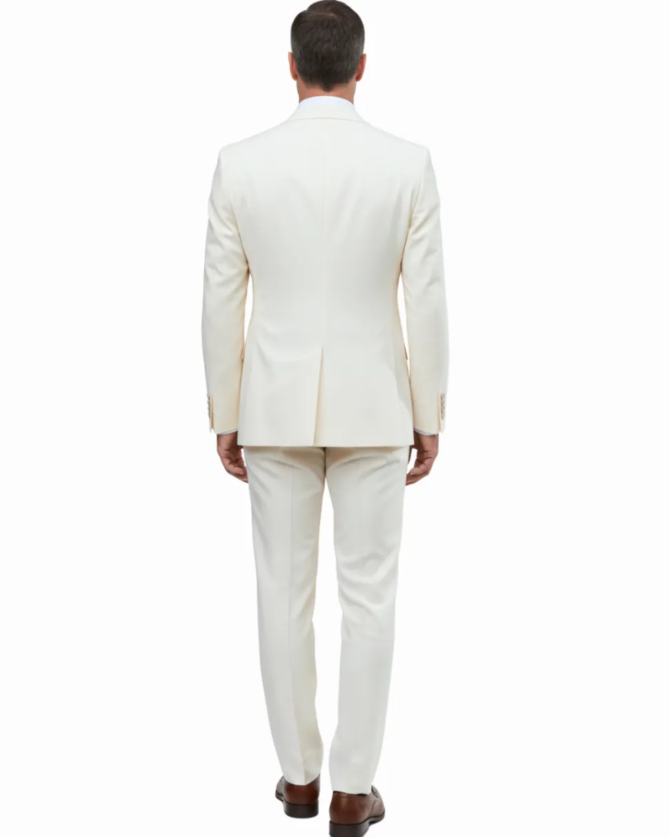 Romaster Mens Solid Cream Slim Fit Stretch Wool Blend 3 Piece Suit