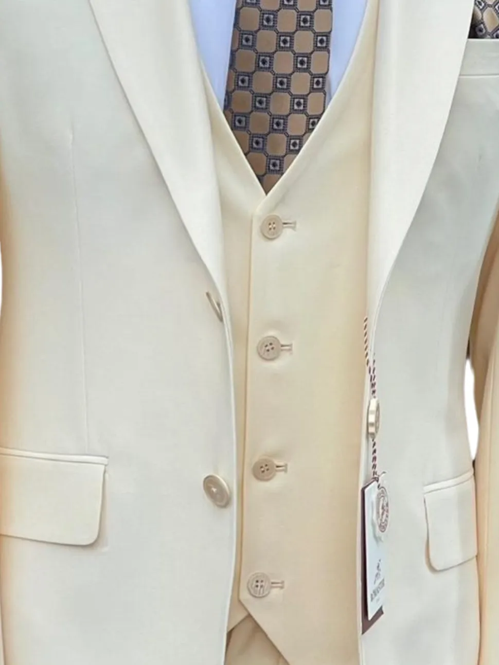 Romaster Mens Solid Cream Slim Fit Stretch Wool Blend 3 Piece Suit