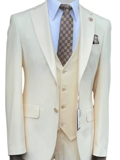 Romaster Mens Solid Cream Slim Fit Stretch Wool Blend 3 Piece Suit
