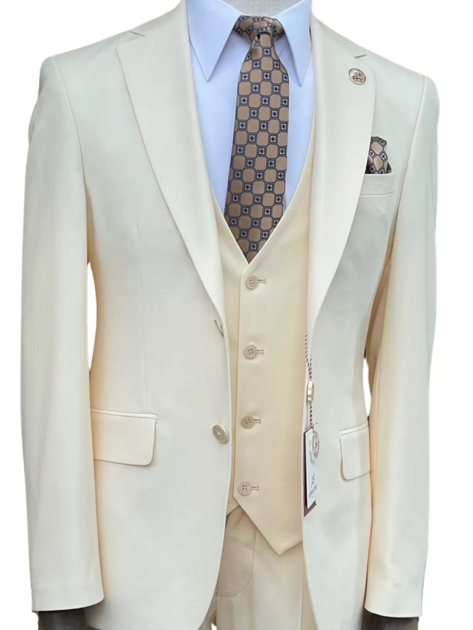 Romaster Mens Solid Cream Slim Fit Stretch Wool Blend 3 Piece Suit