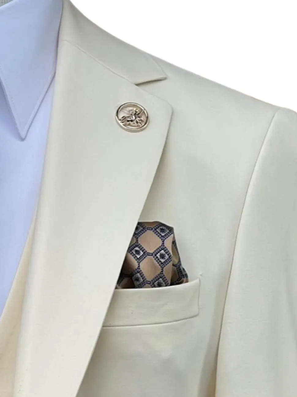 Romaster Mens Solid Cream Slim Fit Stretch Wool Blend 3 Piece Suit