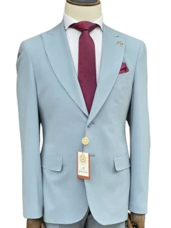 Romaster Mens Solid Light Blue Slim Fit Stretch Wool Blend Suit