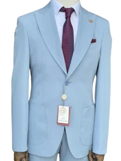Romaster Men’s Solid Light Blue Slim Fit Peak Lapels Stretch Wool Suit