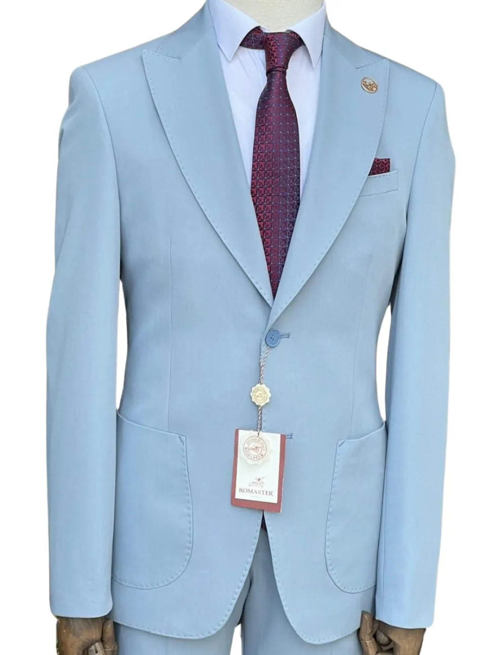 Romaster Men’s Solid Light Blue Slim Fit Peak Lapels Stretch Wool Suit