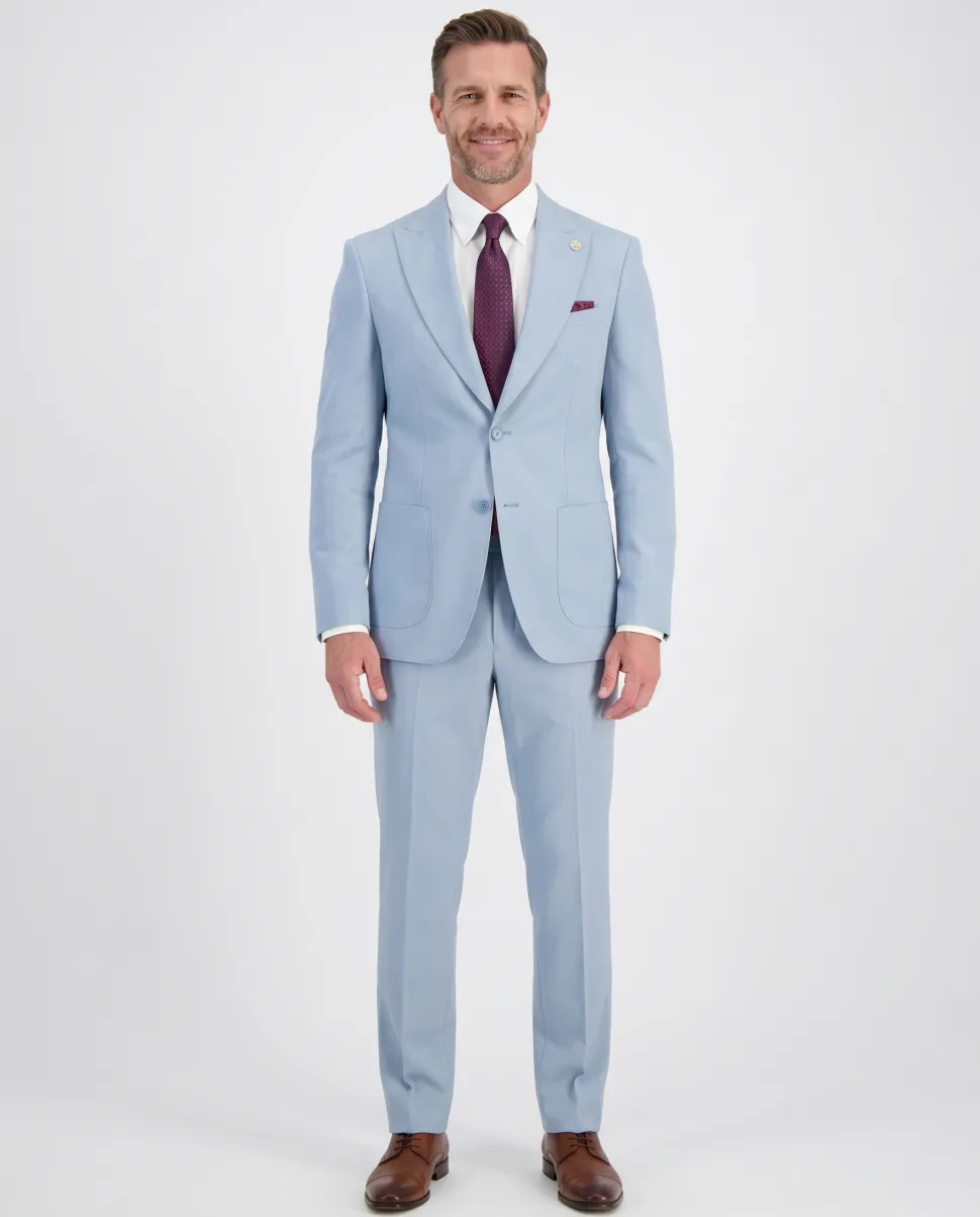 Romaster Men’s Solid Light Blue Slim Fit Peak Lapels Stretch Wool Suit