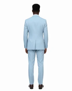 Romaster Men’s Solid Light Blue Slim Fit Peak Lapels Stretch Wool Suit