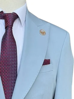 Romaster Men’s Solid Light Blue Slim Fit Peak Lapels Stretch Wool Suit