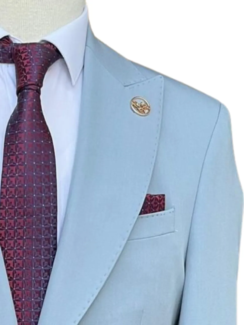 Romaster Men’s Solid Light Blue Slim Fit Peak Lapels Stretch Wool Suit