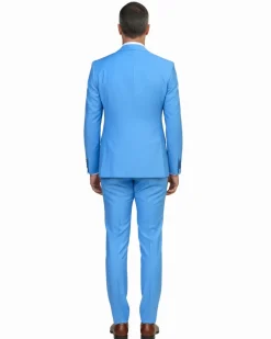 Romaster Mens Solid Light Blue Wool Blend 3 Piece Slim Fit Suit With Peak Lapels