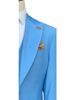 Romaster Mens Solid Light Blue Wool Blend 3 Piece Slim Fit Suit With Peak Lapels