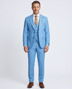Romaster Mens Solid Light Blue Wool Blend 3 Piece Slim Fit Suit With Peak Lapels