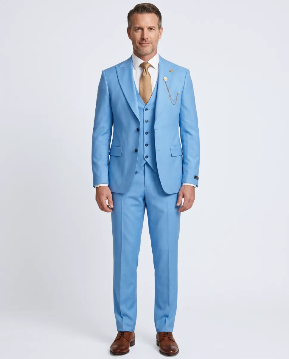 Romaster Mens Solid Light Blue Wool Blend 3 Piece Slim Fit Suit With Peak Lapels