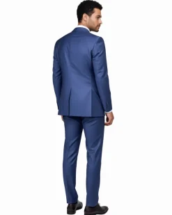 Romaster Mens Tonal Check Blue Slim Fit Peak Lapels Stretch Wool Suit