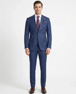 Romaster Mens Tonal Check Blue Slim Fit Peak Lapels Stretch Wool Suit