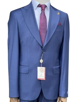 Romaster Mens Tonal Check Blue Slim Fit Peak Lapels Stretch Wool Suit