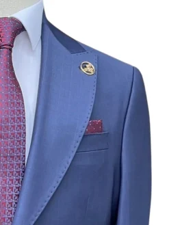 Romaster Mens Tonal Check Blue Slim Fit Peak Lapels Stretch Wool Suit
