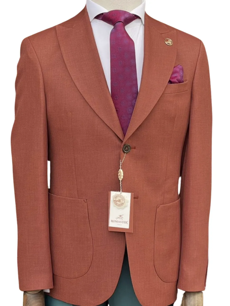 Romaster Rust Slim Fit Stretch Wool Blend Blazer Sportcoat With Patch Pockets