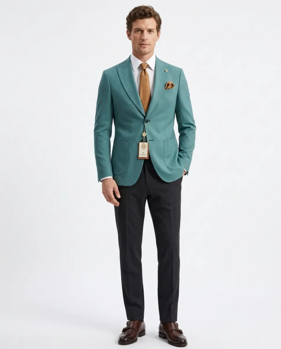 Romaster Teal Slim Fit Stretch Wool Blend Blazer Sportcoat With Patch Pockets
