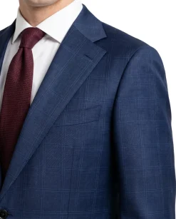 Sartoria Mazara Blue Plaid Windowpane Slim Fit Notch Lapel Wool blend 2 button Suit